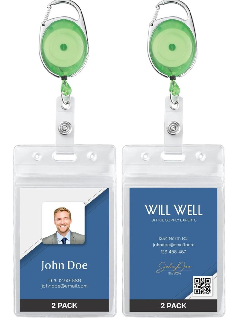 Heavy Duty ID Badge Holder Retractable 2 Pack - Vertical - Green